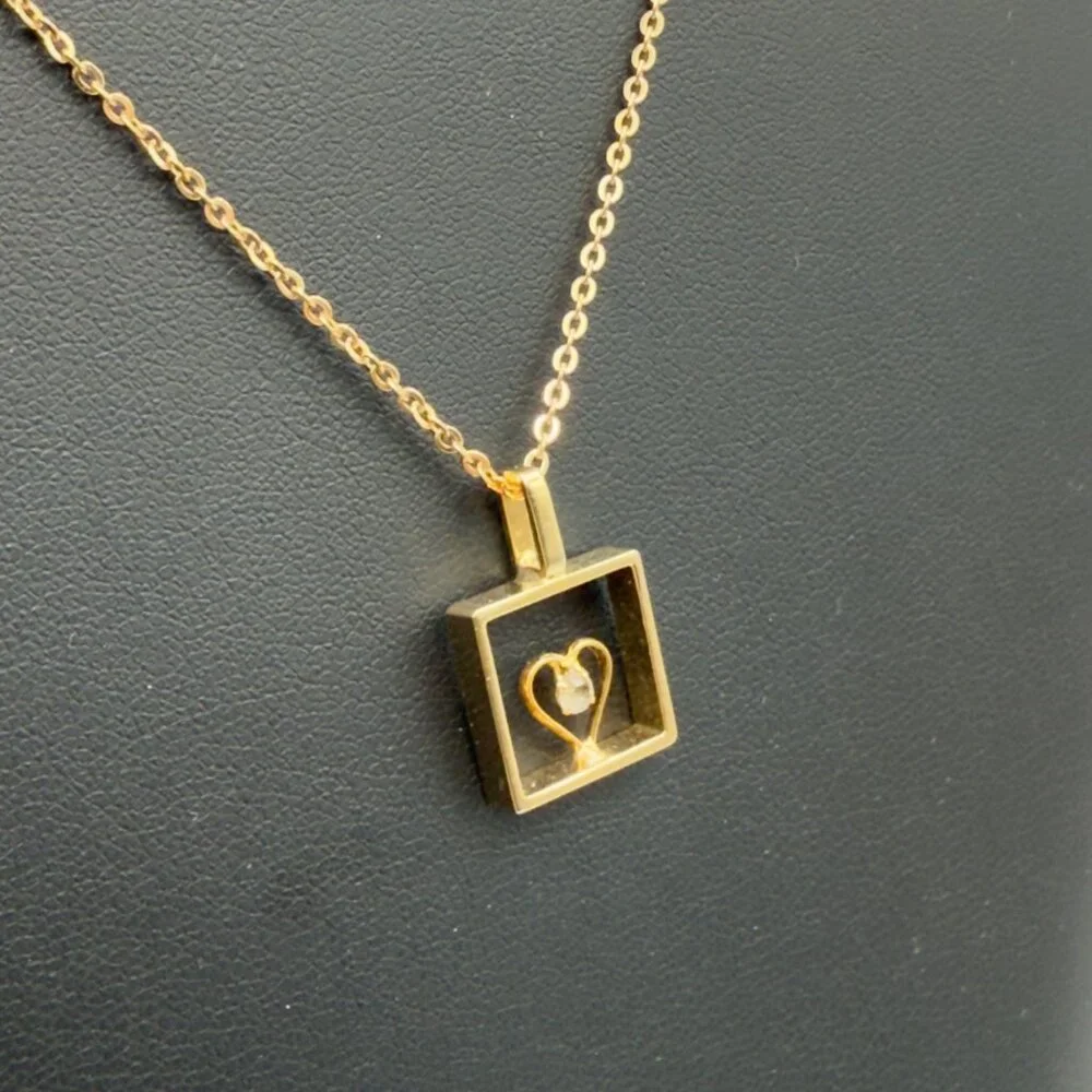 Gold Plated Heart Pendant Necklace With Square Frame & Chain